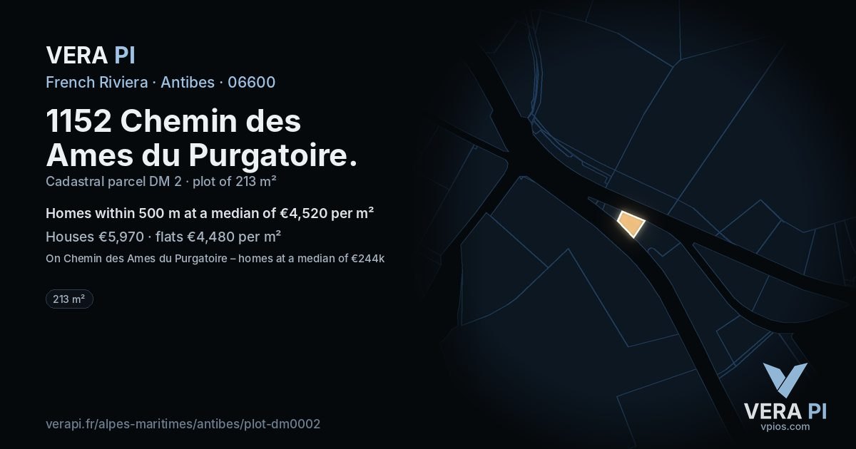 1152 Chemin des Ames du Purgatoire, Antibes at night – the plot lit, the parcels around coloured by the prices near them