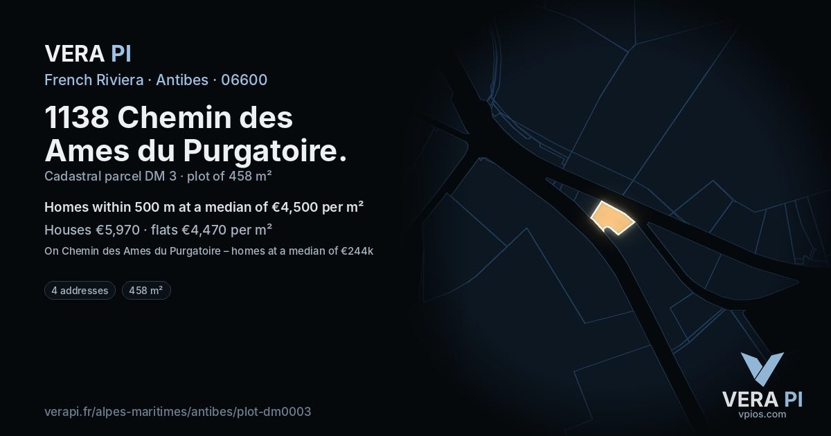 1138 Chemin des Ames du Purgatoire, Antibes at night – the plot lit, the parcels around coloured by the prices near them