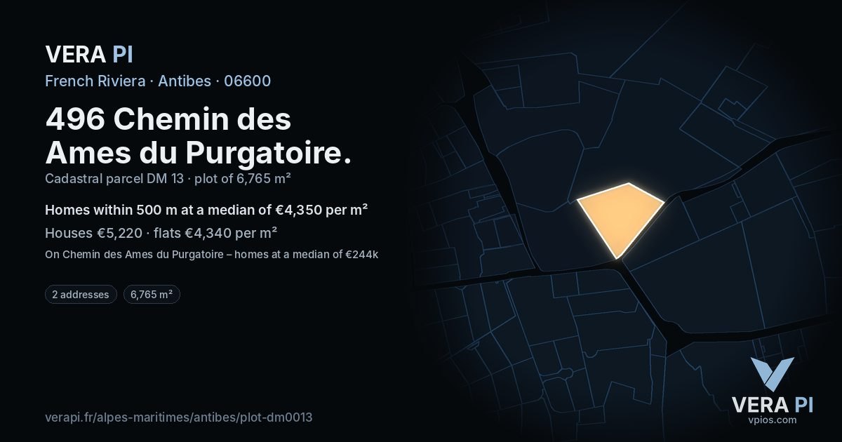 496 Chemin des Ames du Purgatoire, Antibes at night – the plot lit, the parcels around coloured by the prices near them