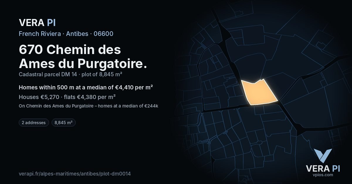 670 Chemin des Ames du Purgatoire, Antibes at night – the plot lit, the parcels around coloured by the prices near them