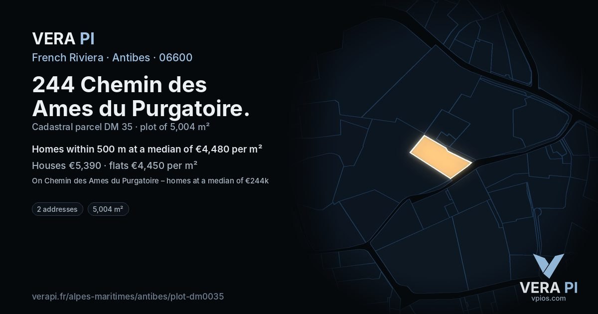 244 Chemin des Ames du Purgatoire, Antibes at night – the plot lit, the parcels around coloured by the prices near them