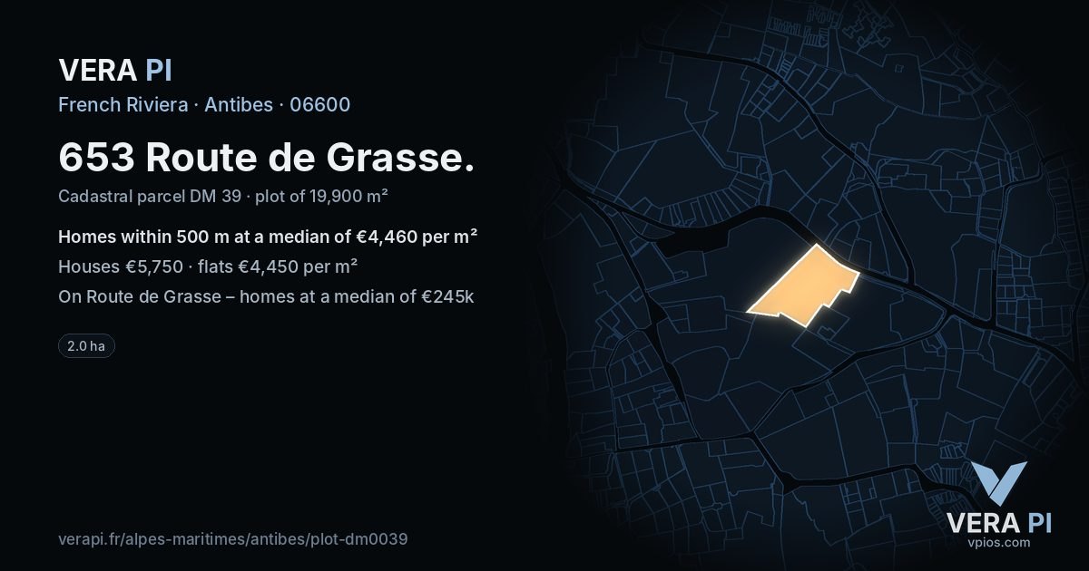 653 Route de Grasse, Antibes at night – the plot lit, the parcels around coloured by the prices near them