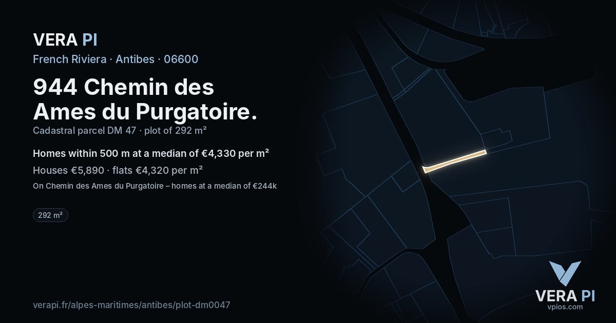 944 Chemin des Ames du Purgatoire, Antibes at night – the plot lit, the parcels around coloured by the prices near them