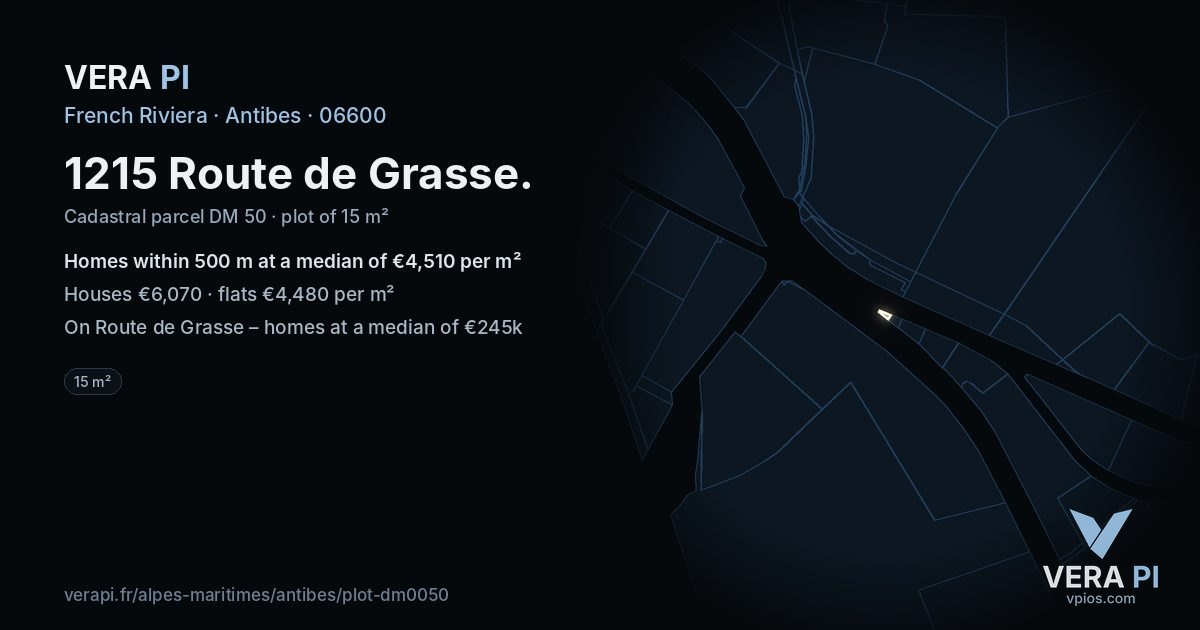 1215 Route de Grasse, Antibes at night – the plot lit, the parcels around coloured by the prices near them