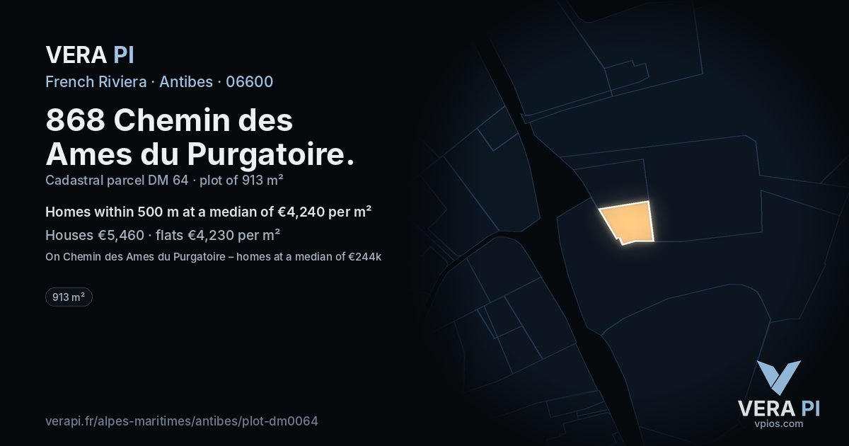 868 Chemin des Ames du Purgatoire, Antibes at night – the plot lit, the parcels around coloured by the prices near them