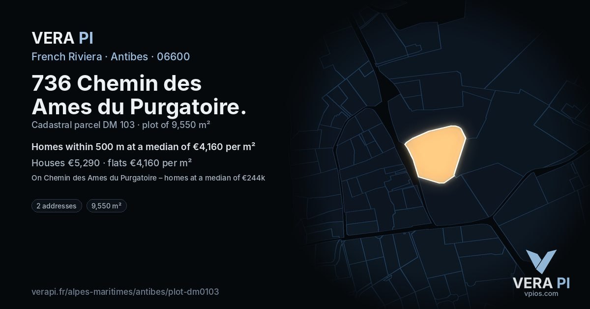 736 Chemin des Ames du Purgatoire, Antibes at night – the plot lit, the parcels around coloured by the prices near them