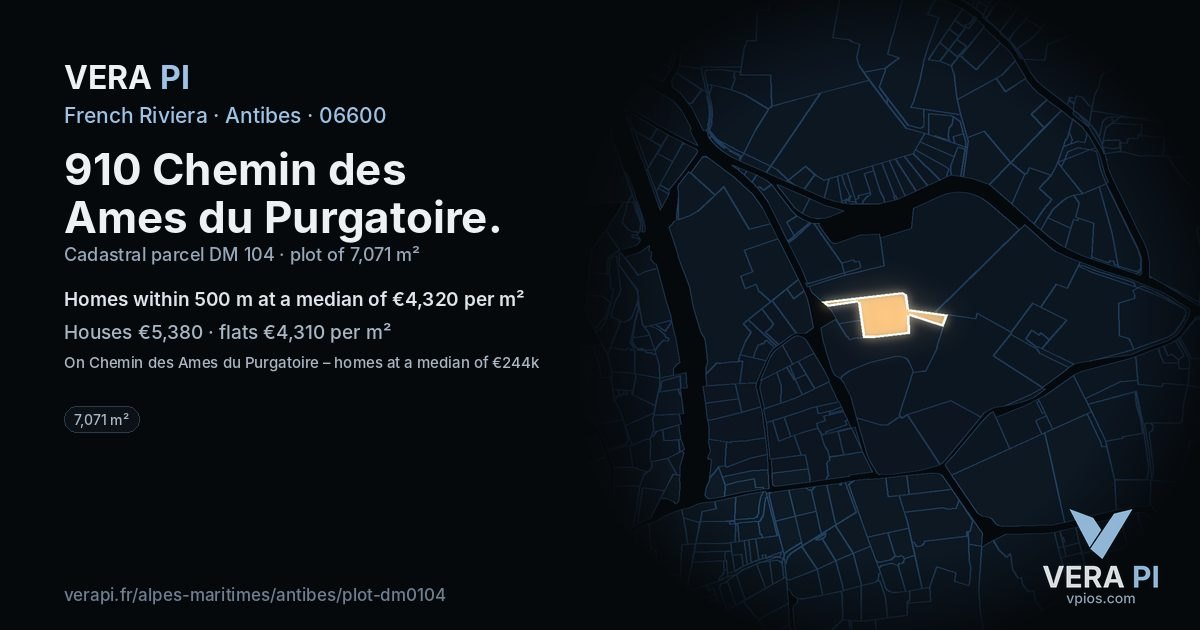 910 Chemin des Ames du Purgatoire, Antibes at night – the plot lit, the parcels around coloured by the prices near them