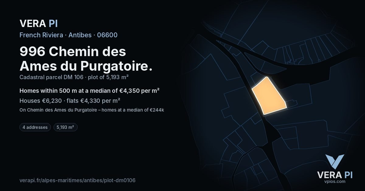 996 Chemin des Ames du Purgatoire, Antibes at night – the plot lit, the parcels around coloured by the prices near them