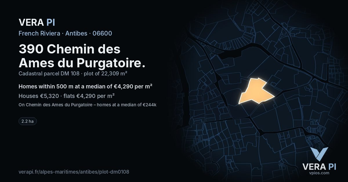 390 Chemin des Ames du Purgatoire, Antibes at night – the plot lit, the parcels around coloured by the prices near them