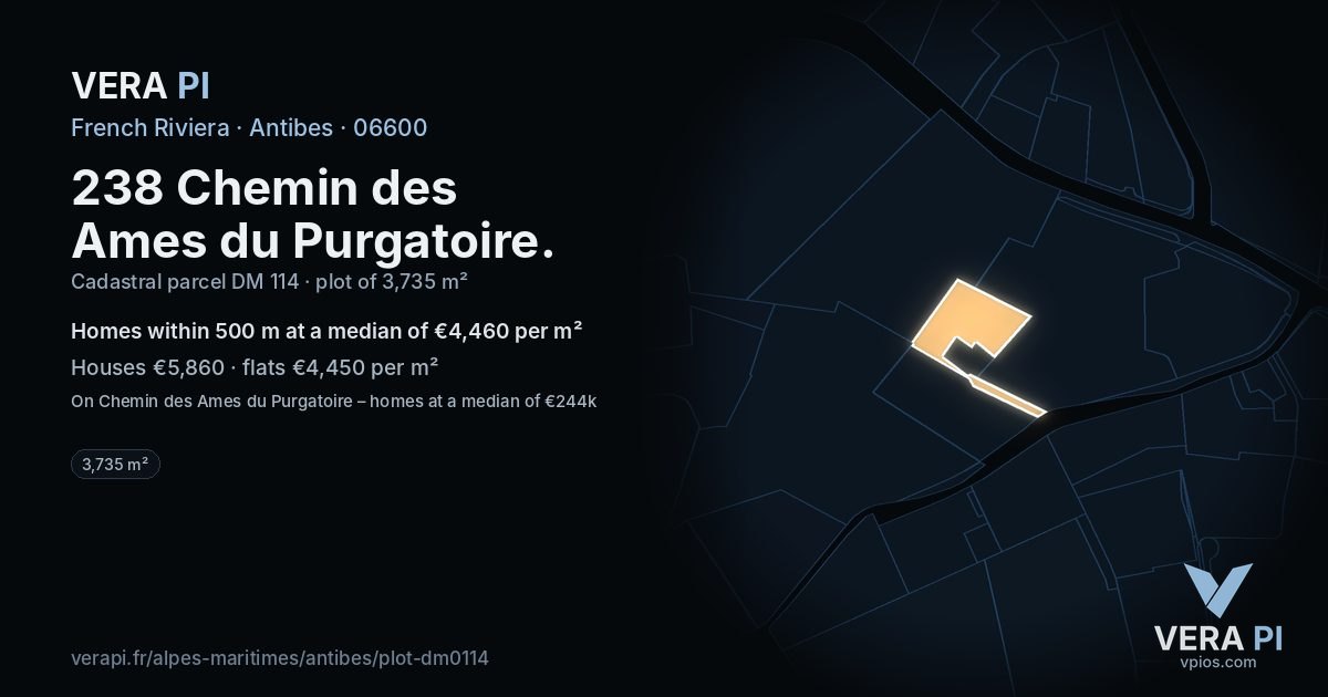 238 Chemin des Ames du Purgatoire, Antibes at night – the plot lit, the parcels around coloured by the prices near them