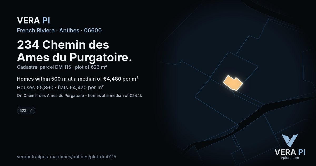 234 Chemin des Ames du Purgatoire, Antibes at night – the plot lit, the parcels around coloured by the prices near them