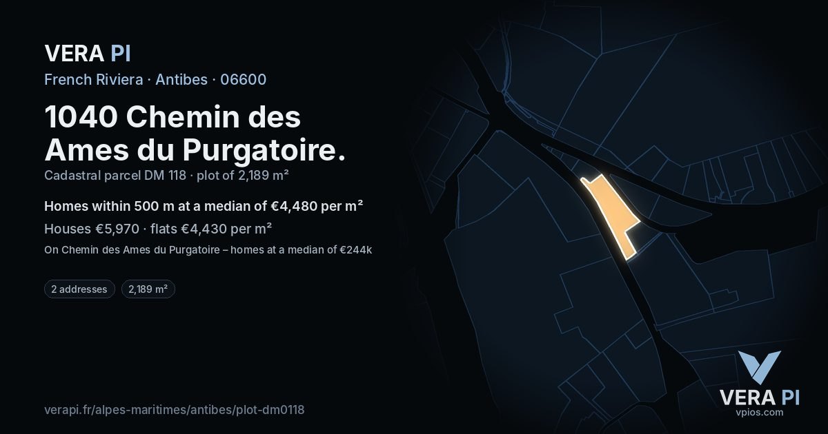 1040 Chemin des Ames du Purgatoire, Antibes at night – the plot lit, the parcels around coloured by the prices near them