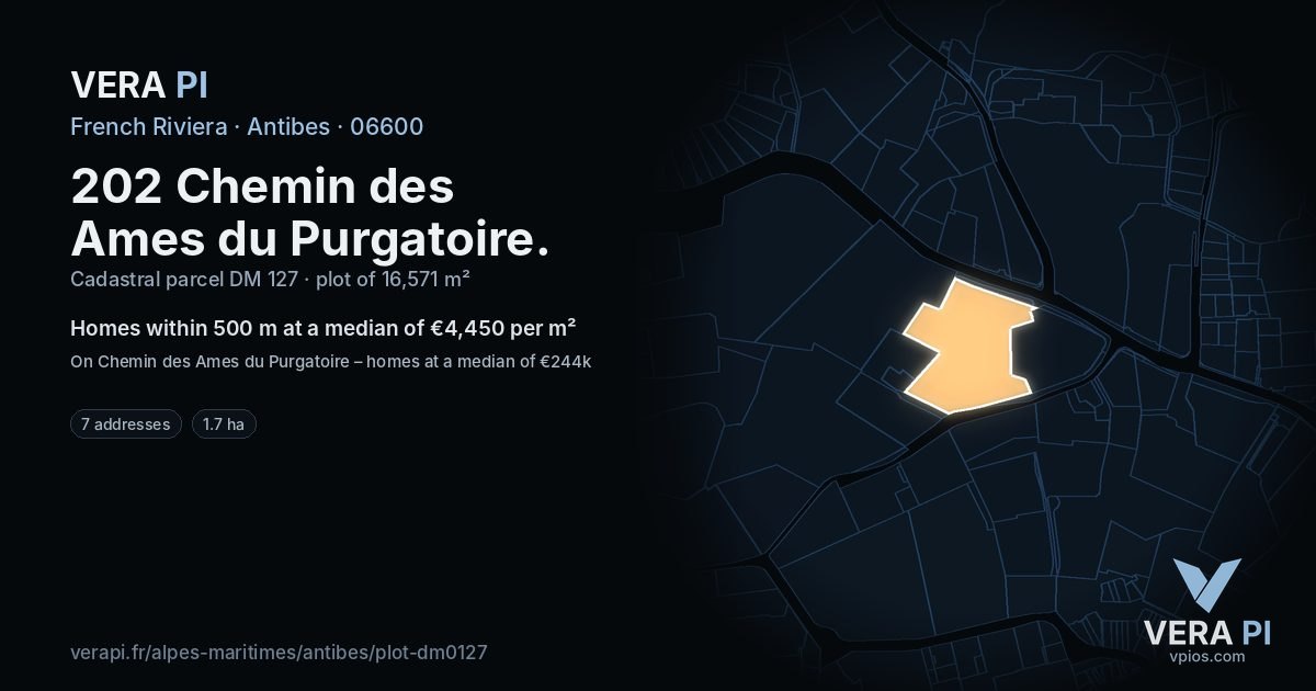 202 Chemin des Ames du Purgatoire, Antibes at night – the plot lit, the parcels around coloured by the prices near them
