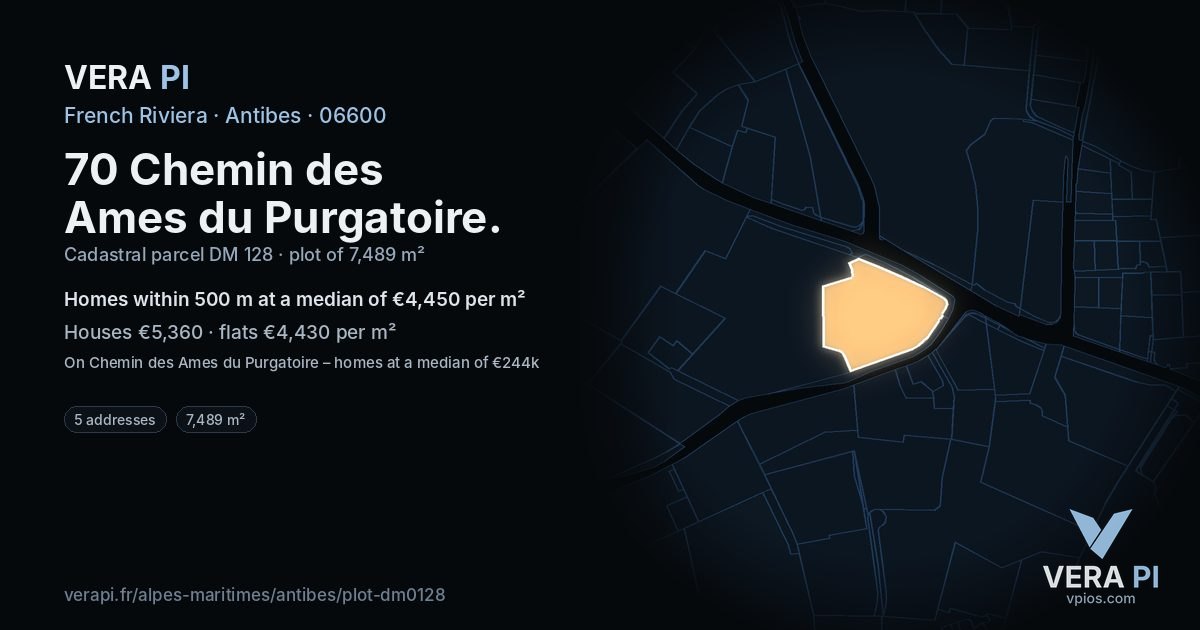 70 Chemin des Ames du Purgatoire, Antibes at night – the plot lit, the parcels around coloured by the prices near them