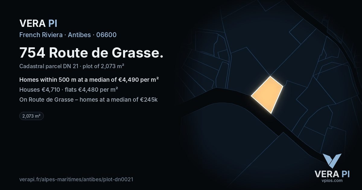 754 Route de Grasse, Antibes at night – the plot lit, the parcels around coloured by the prices near them