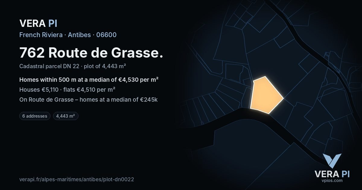 762 Route de Grasse, Antibes at night – the plot lit, the parcels around coloured by the prices near them