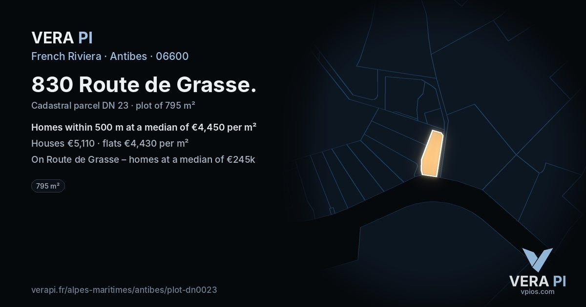 830 Route de Grasse, Antibes at night – the plot lit, the parcels around coloured by the prices near them