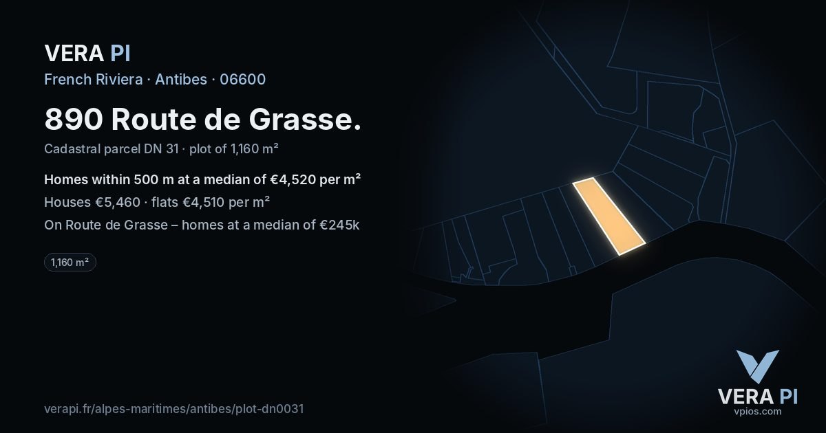890 Route de Grasse, Antibes at night – the plot lit, the parcels around coloured by the prices near them