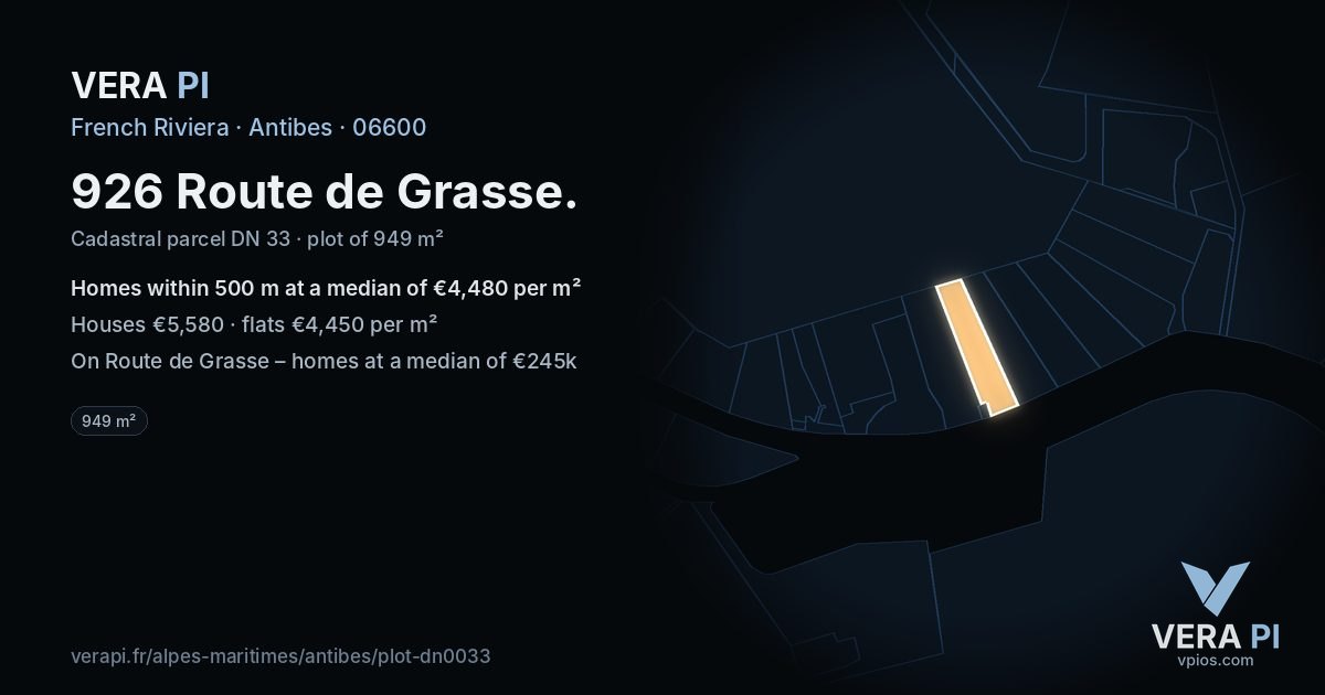 926 Route de Grasse, Antibes at night – the plot lit, the parcels around coloured by the prices near them