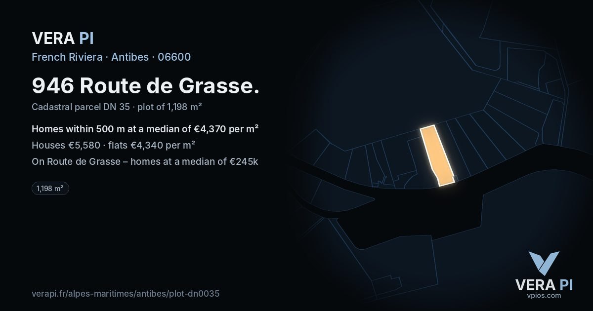 946 Route de Grasse, Antibes at night – the plot lit, the parcels around coloured by the prices near them