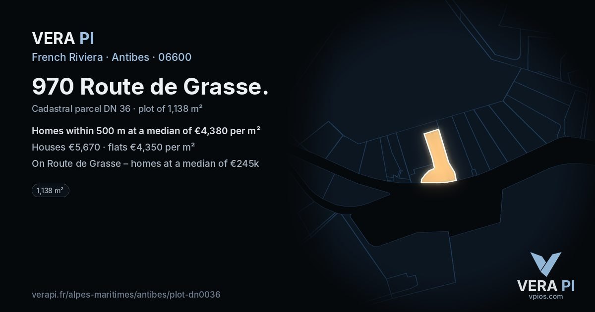 970 Route de Grasse, Antibes at night – the plot lit, the parcels around coloured by the prices near them