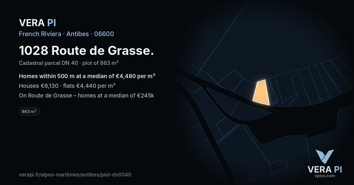 1028 Route de Grasse, Antibes at night – the plot lit, the parcels around coloured by the prices near them