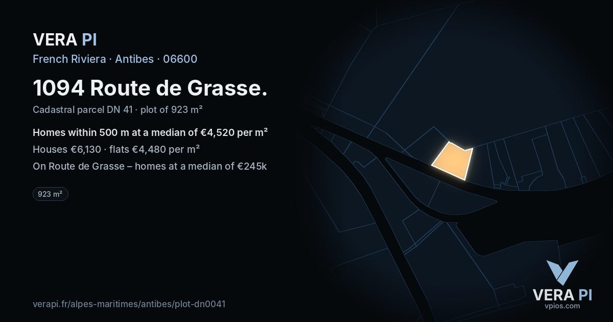 1094 Route de Grasse, Antibes at night – the plot lit, the parcels around coloured by the prices near them