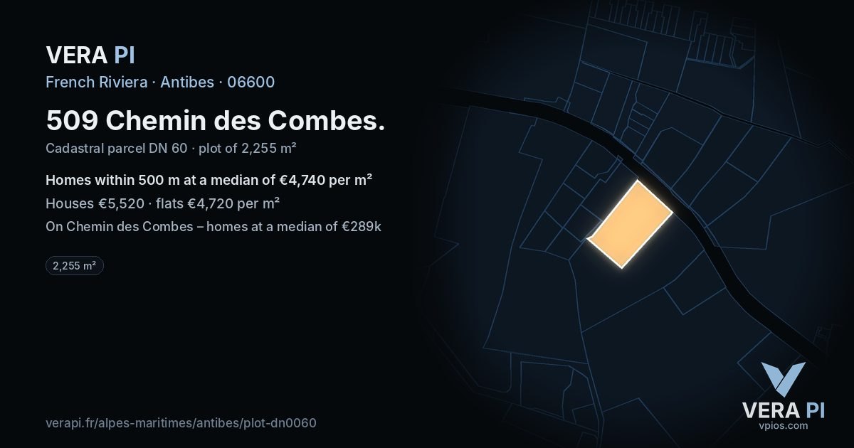 509 Chemin des Combes, Antibes at night – the plot lit, the parcels around coloured by the prices near them