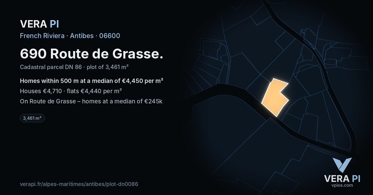 690 Route de Grasse, Antibes at night – the plot lit, the parcels around coloured by the prices near them