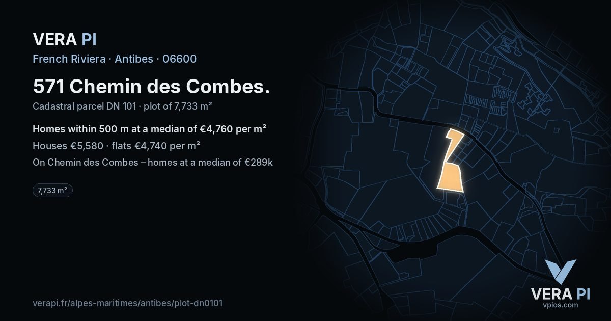 571 Chemin des Combes, Antibes at night – the plot lit, the parcels around coloured by the prices near them