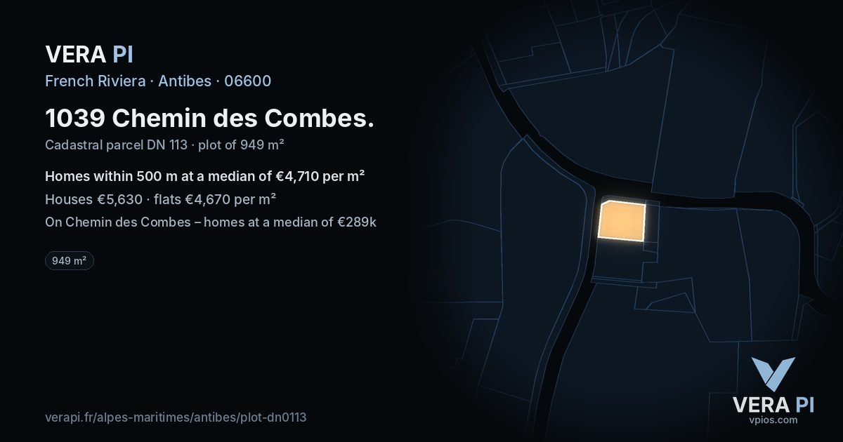 1039 Chemin des Combes, Antibes at night – the plot lit, the parcels around coloured by the prices near them