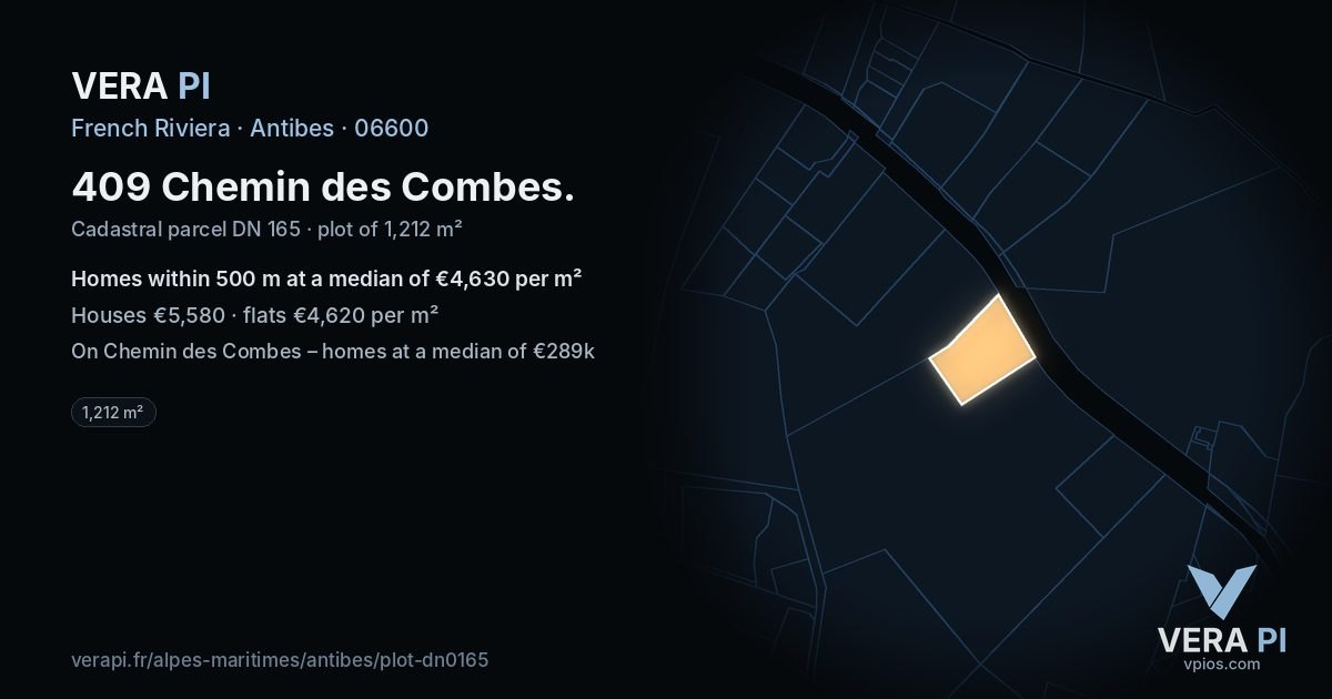 409 Chemin des Combes, Antibes at night – the plot lit, the parcels around coloured by the prices near them