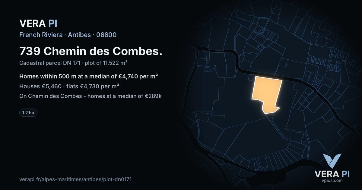 739 Chemin des Combes, Antibes at night – the plot lit, the parcels around coloured by the prices near them