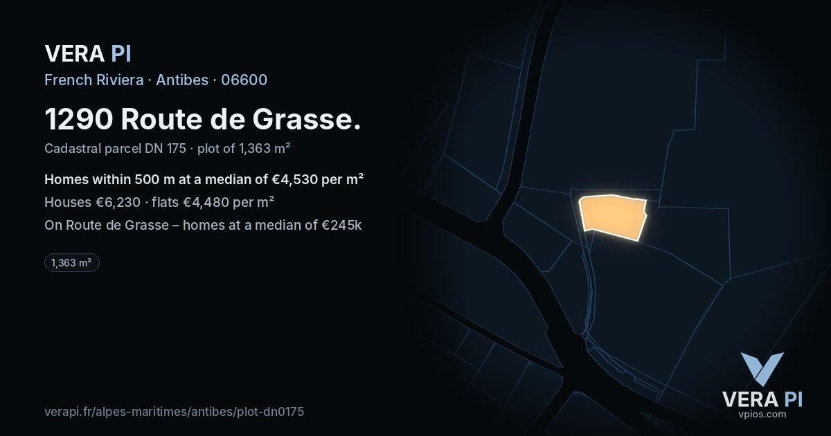 1290 Route de Grasse, Antibes at night – the plot lit, the parcels around coloured by the prices near them