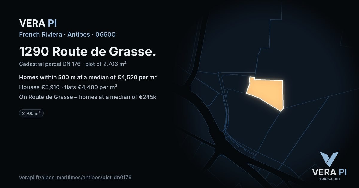 1290 Route de Grasse, Antibes at night – the plot lit, the parcels around coloured by the prices near them