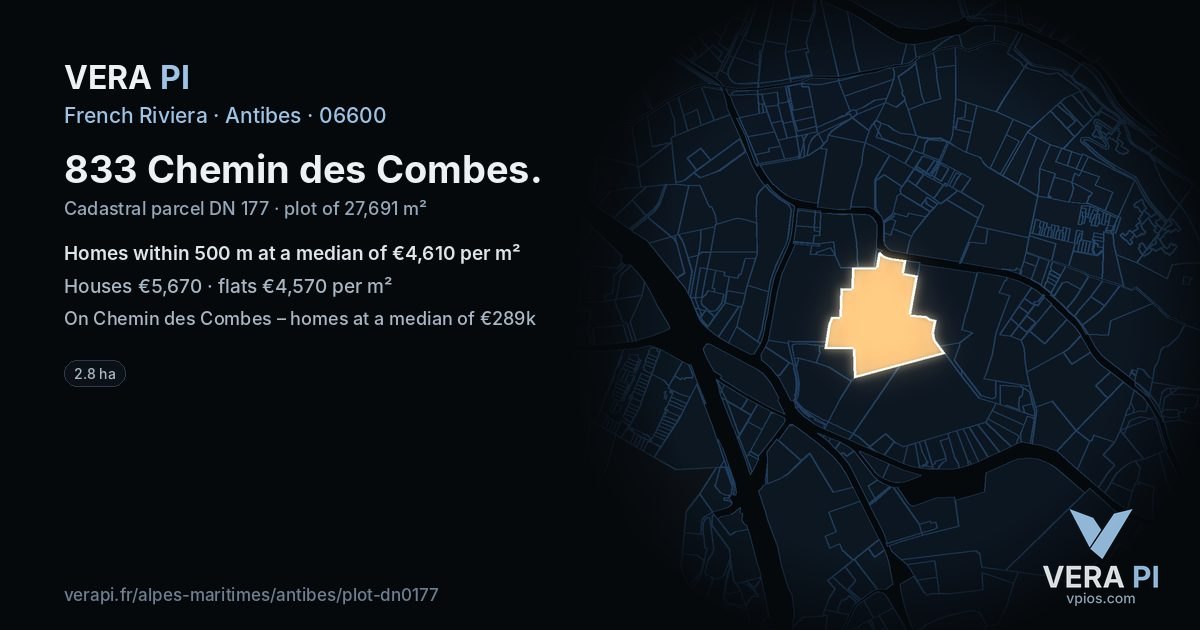 833 Chemin des Combes, Antibes at night – the plot lit, the parcels around coloured by the prices near them