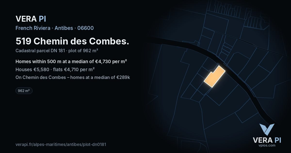 519 Chemin des Combes, Antibes at night – the plot lit, the parcels around coloured by the prices near them