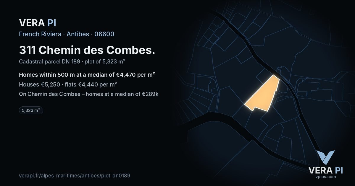 311 Chemin des Combes, Antibes at night – the plot lit, the parcels around coloured by the prices near them
