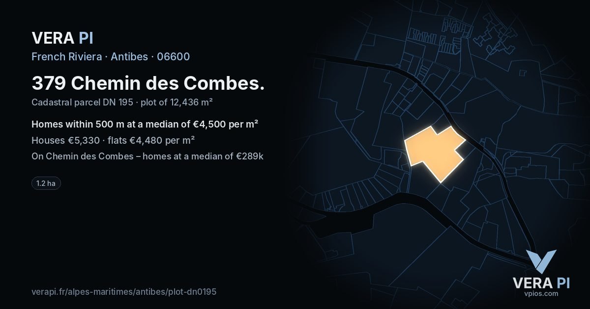 379 Chemin des Combes, Antibes at night – the plot lit, the parcels around coloured by the prices near them