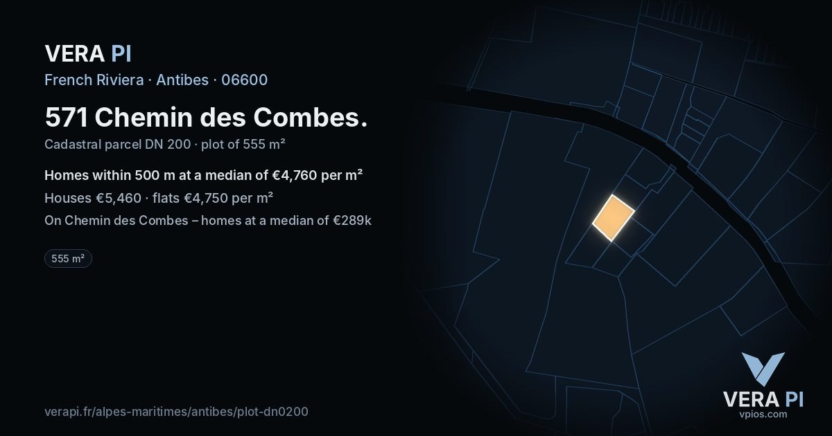 571 Chemin des Combes, Antibes at night – the plot lit, the parcels around coloured by the prices near them