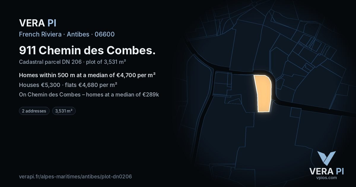 911 Chemin des Combes, Antibes at night – the plot lit, the parcels around coloured by the prices near them