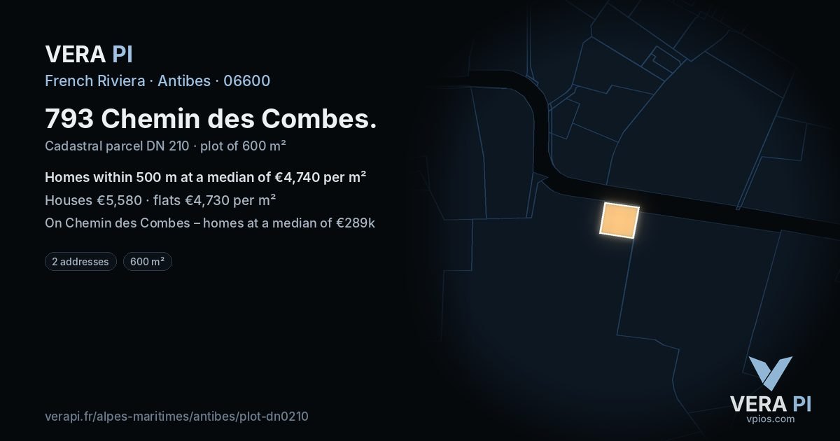 793 Chemin des Combes, Antibes at night – the plot lit, the parcels around coloured by the prices near them