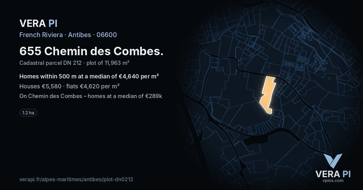 655 Chemin des Combes, Antibes at night – the plot lit, the parcels around coloured by the prices near them