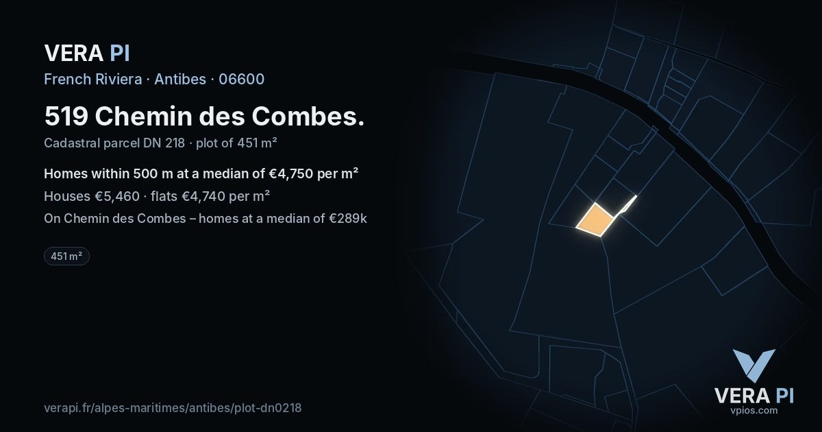 519 Chemin des Combes, Antibes at night – the plot lit, the parcels around coloured by the prices near them