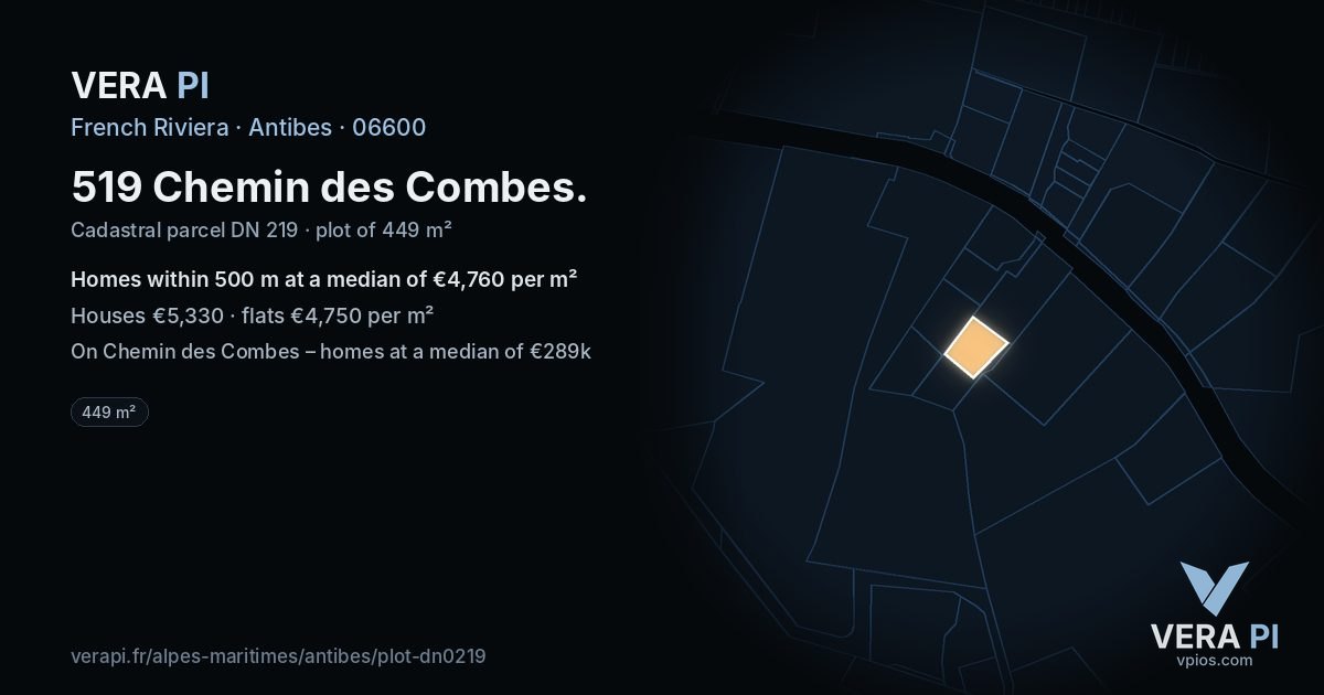 519 Chemin des Combes, Antibes at night – the plot lit, the parcels around coloured by the prices near them