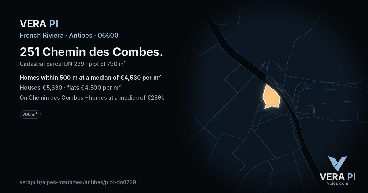 251 Chemin des Combes, Antibes at night – the plot lit, the parcels around coloured by the prices near them