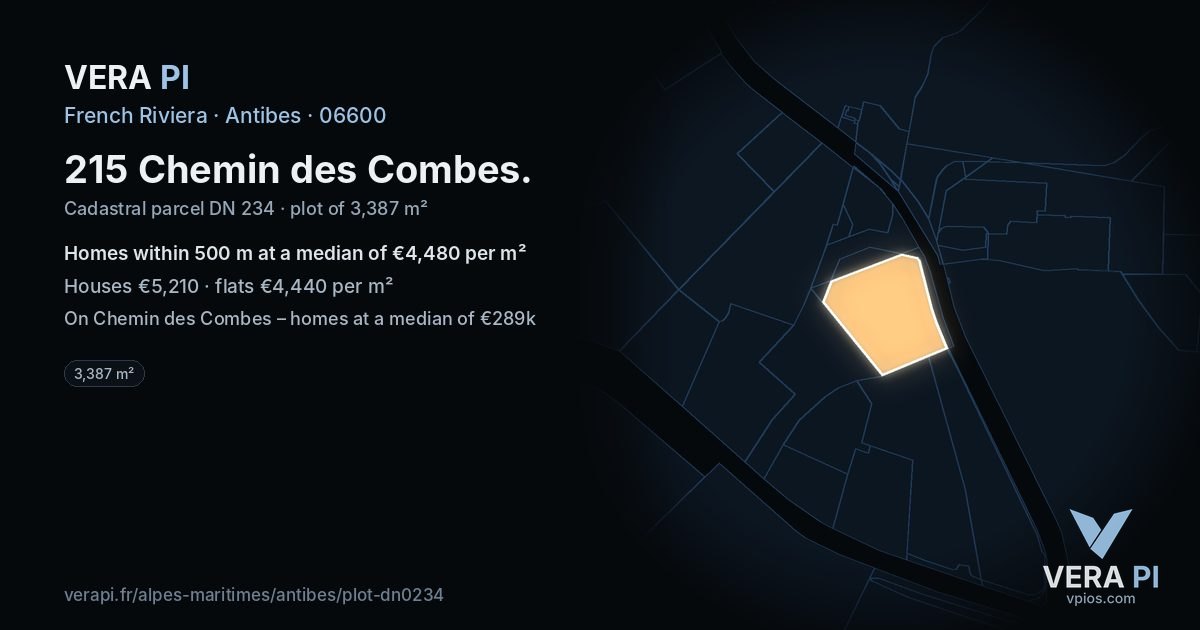 215 Chemin des Combes, Antibes at night – the plot lit, the parcels around coloured by the prices near them