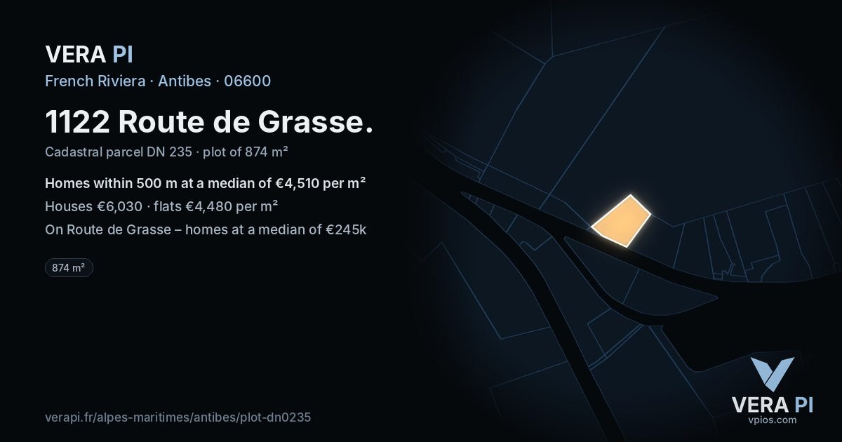 1122 Route de Grasse, Antibes at night – the plot lit, the parcels around coloured by the prices near them