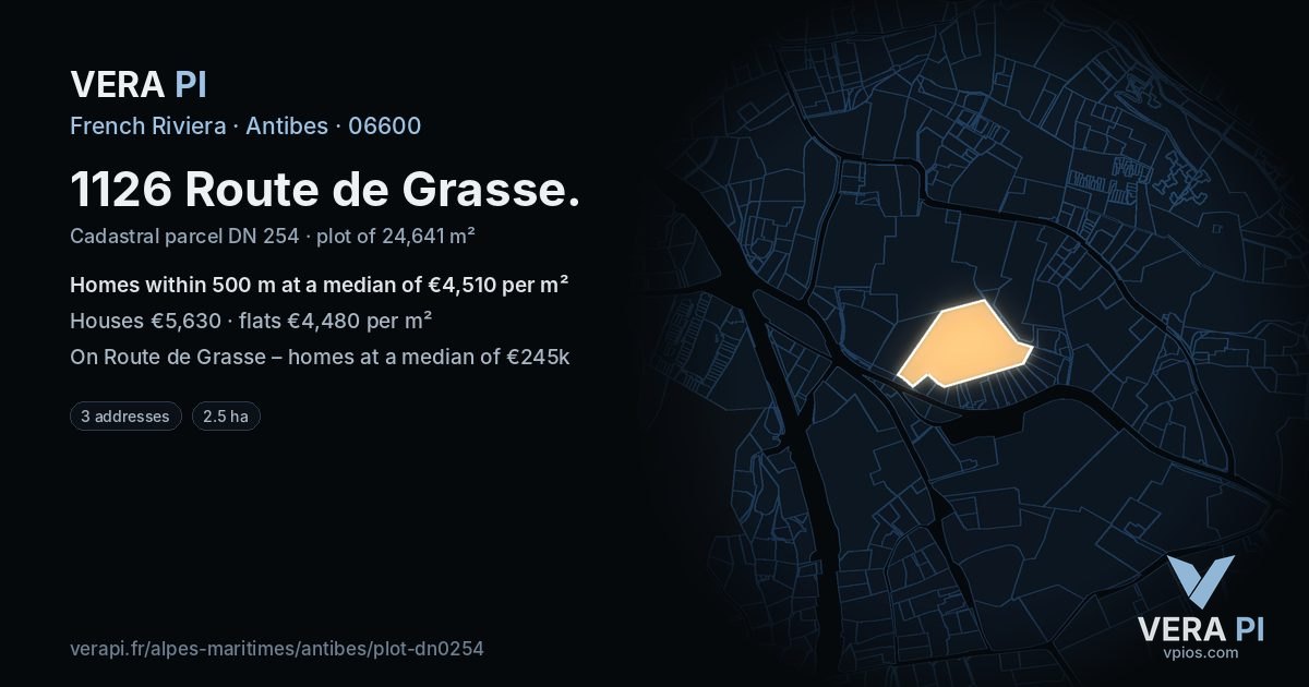 1126 Route de Grasse, Antibes at night – the plot lit, the parcels around coloured by the prices near them