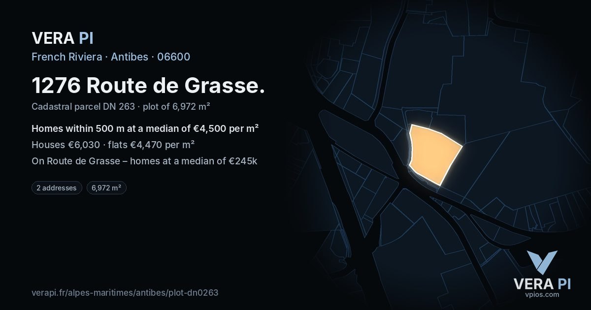 1276 Route de Grasse, Antibes at night – the plot lit, the parcels around coloured by the prices near them